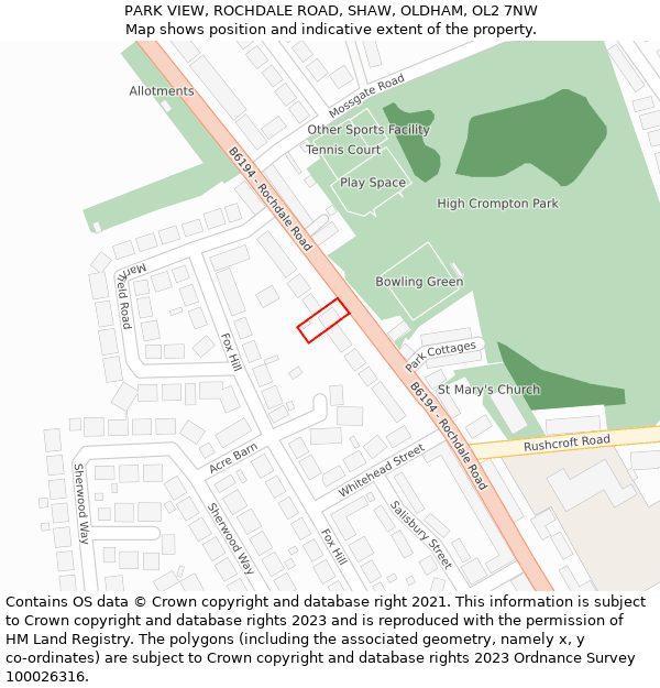 PARK VIEW, ROCHDALE ROAD, SHAW, OLDHAM, OL2 7NW: Location map and indicative extent of plot