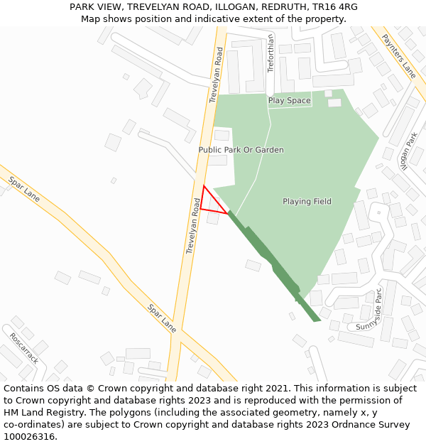 PARK VIEW, TREVELYAN ROAD, ILLOGAN, REDRUTH, TR16 4RG: Location map and indicative extent of plot