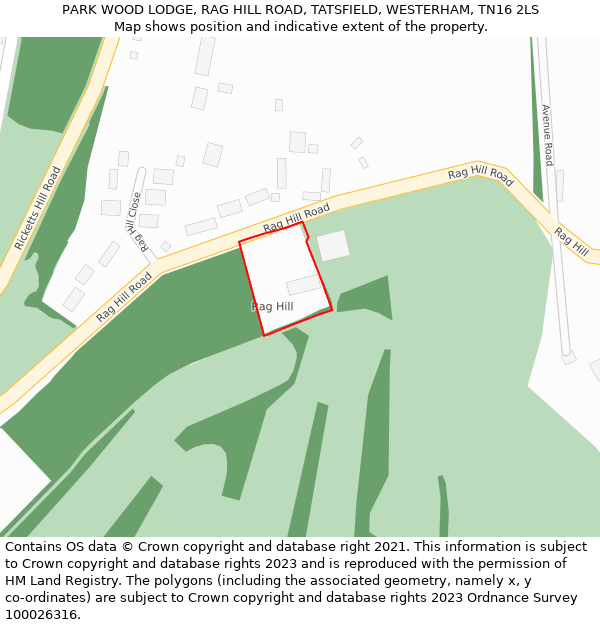 PARK WOOD LODGE, RAG HILL ROAD, TATSFIELD, WESTERHAM, TN16 2LS: Location map and indicative extent of plot