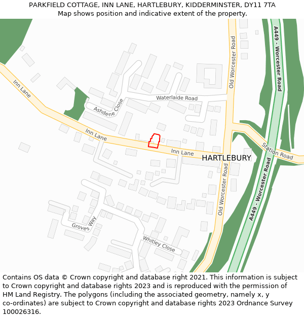 PARKFIELD COTTAGE, INN LANE, HARTLEBURY, KIDDERMINSTER, DY11 7TA: Location map and indicative extent of plot