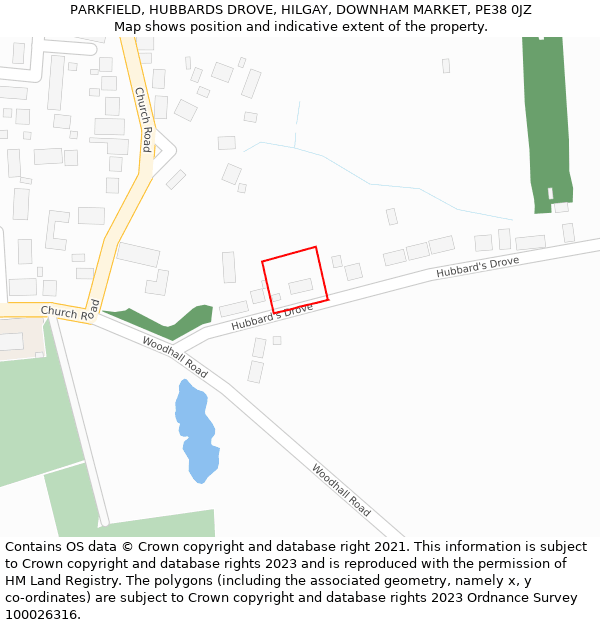 PARKFIELD, HUBBARDS DROVE, HILGAY, DOWNHAM MARKET, PE38 0JZ: Location map and indicative extent of plot