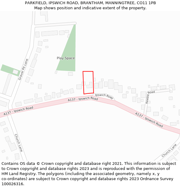 PARKFIELD, IPSWICH ROAD, BRANTHAM, MANNINGTREE, CO11 1PB: Location map and indicative extent of plot