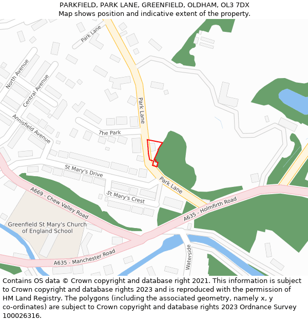 PARKFIELD, PARK LANE, GREENFIELD, OLDHAM, OL3 7DX: Location map and indicative extent of plot