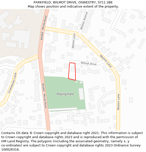 PARKFIELD, WILMOT DRIVE, OSWESTRY, SY11 2BE: Location map and indicative extent of plot