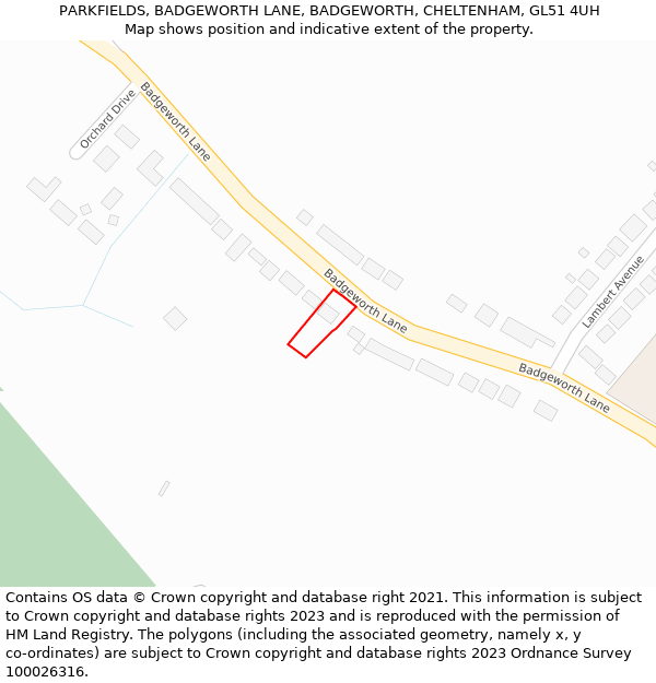 PARKFIELDS, BADGEWORTH LANE, BADGEWORTH, CHELTENHAM, GL51 4UH: Location map and indicative extent of plot