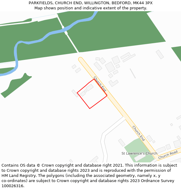 PARKFIELDS, CHURCH END, WILLINGTON, BEDFORD, MK44 3PX: Location map and indicative extent of plot