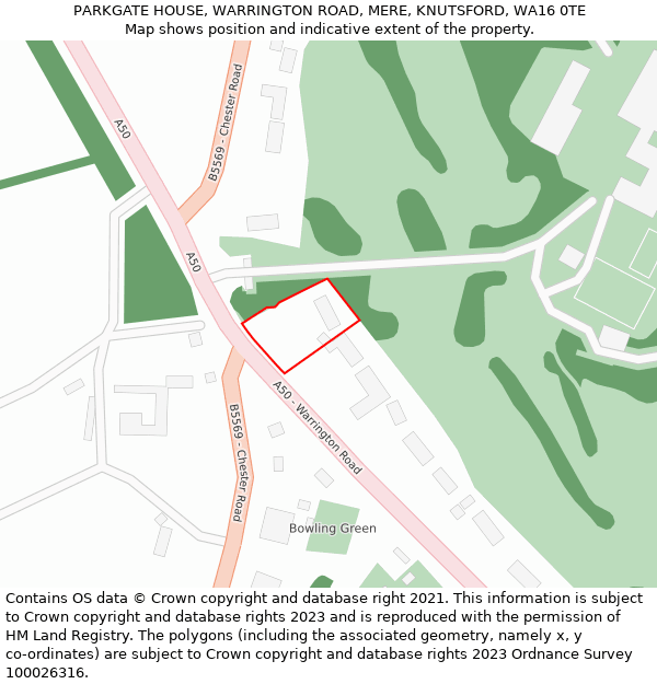 PARKGATE HOUSE, WARRINGTON ROAD, MERE, KNUTSFORD, WA16 0TE: Location map and indicative extent of plot