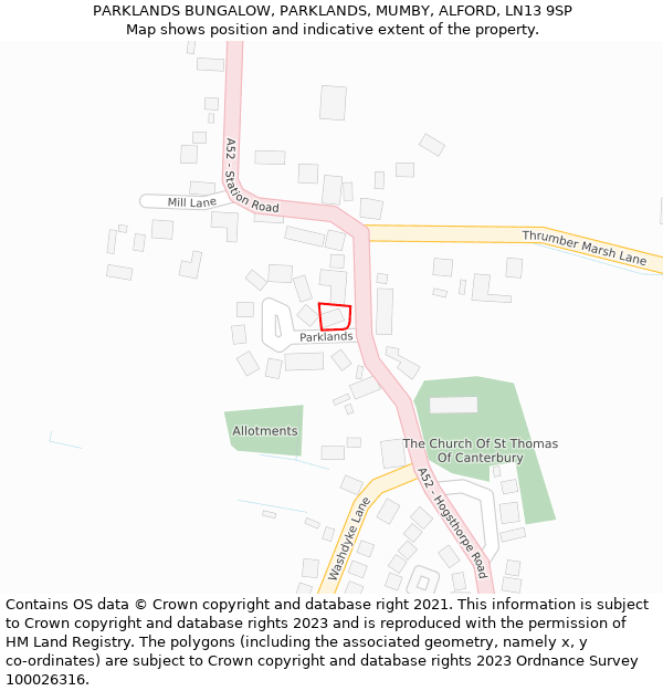 PARKLANDS BUNGALOW, PARKLANDS, MUMBY, ALFORD, LN13 9SP: Location map and indicative extent of plot