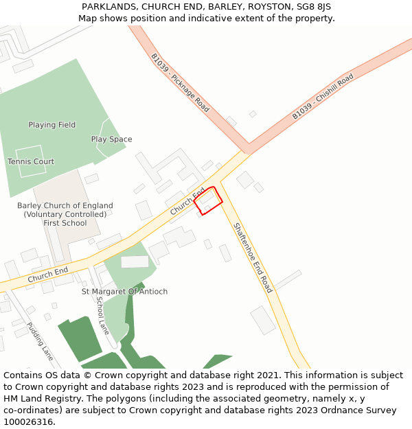 PARKLANDS, CHURCH END, BARLEY, ROYSTON, SG8 8JS: Location map and indicative extent of plot