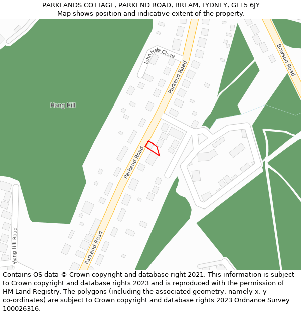 PARKLANDS COTTAGE, PARKEND ROAD, BREAM, LYDNEY, GL15 6JY: Location map and indicative extent of plot