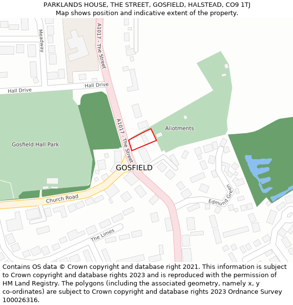 PARKLANDS HOUSE, THE STREET, GOSFIELD, HALSTEAD, CO9 1TJ: Location map and indicative extent of plot