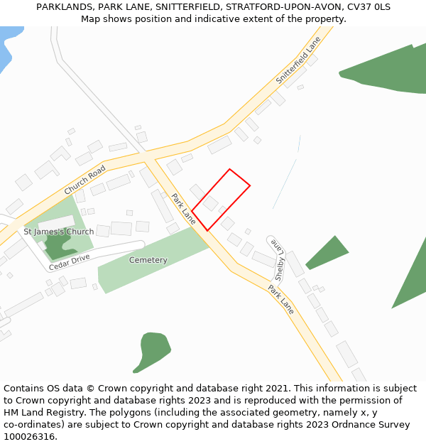 PARKLANDS, PARK LANE, SNITTERFIELD, STRATFORD-UPON-AVON, CV37 0LS: Location map and indicative extent of plot