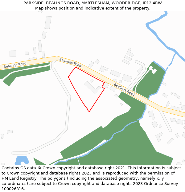 PARKSIDE, BEALINGS ROAD, MARTLESHAM, WOODBRIDGE, IP12 4RW: Location map and indicative extent of plot