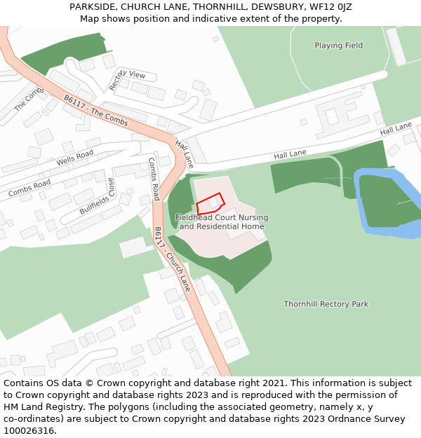 PARKSIDE, CHURCH LANE, THORNHILL, DEWSBURY, WF12 0JZ: Location map and indicative extent of plot