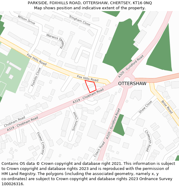 PARKSIDE, FOXHILLS ROAD, OTTERSHAW, CHERTSEY, KT16 0NQ: Location map and indicative extent of plot