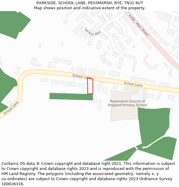 PARKSIDE, SCHOOL LANE, PEASMARSH, RYE, TN31 6UT: Location map and indicative extent of plot