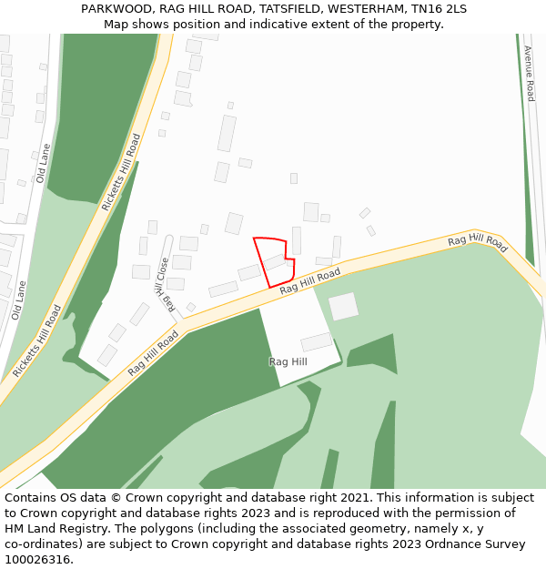 PARKWOOD, RAG HILL ROAD, TATSFIELD, WESTERHAM, TN16 2LS: Location map and indicative extent of plot