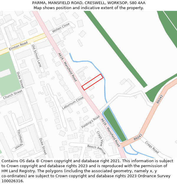 PARMA, MANSFIELD ROAD, CRESWELL, WORKSOP, S80 4AA: Location map and indicative extent of plot