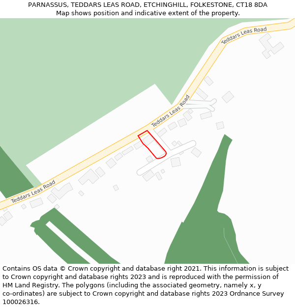 PARNASSUS, TEDDARS LEAS ROAD, ETCHINGHILL, FOLKESTONE, CT18 8DA: Location map and indicative extent of plot