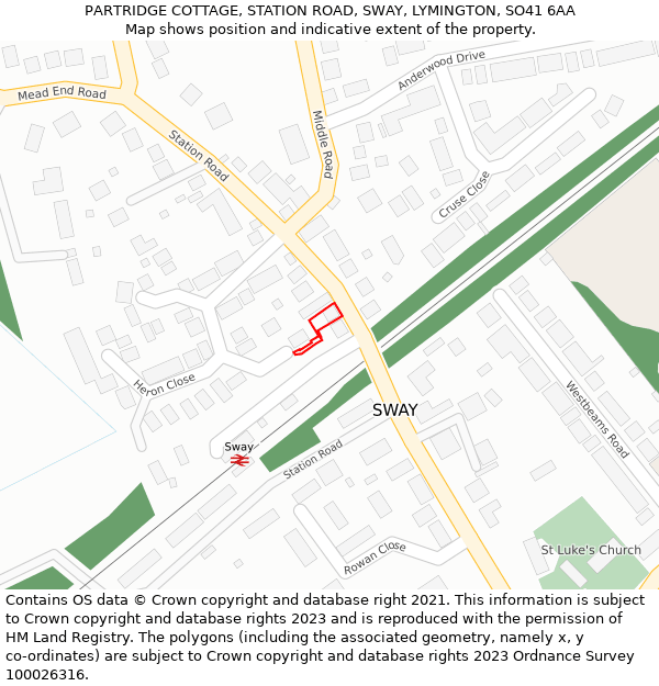PARTRIDGE COTTAGE, STATION ROAD, SWAY, LYMINGTON, SO41 6AA: Location map and indicative extent of plot