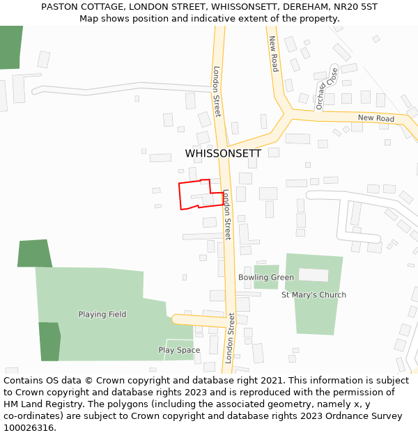 PASTON COTTAGE, LONDON STREET, WHISSONSETT, DEREHAM, NR20 5ST: Location map and indicative extent of plot
