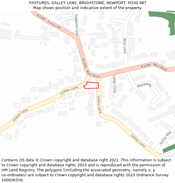 PASTURES, GALLEY LANE, BRIGHSTONE, NEWPORT, PO30 4BT: Location map and indicative extent of plot