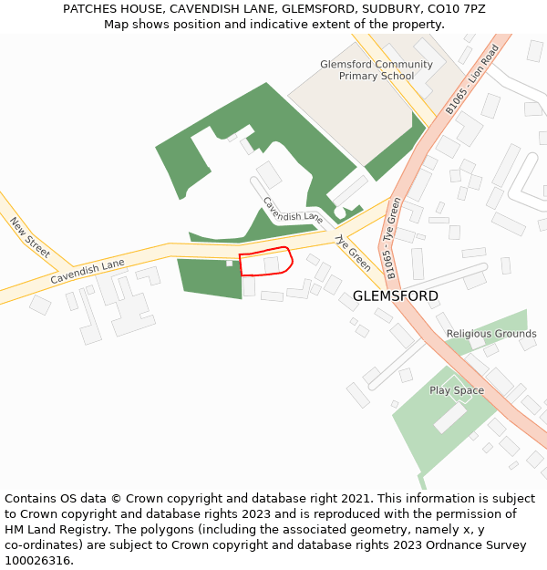 PATCHES HOUSE, CAVENDISH LANE, GLEMSFORD, SUDBURY, CO10 7PZ: Location map and indicative extent of plot
