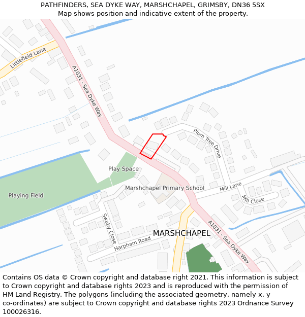 PATHFINDERS, SEA DYKE WAY, MARSHCHAPEL, GRIMSBY, DN36 5SX: Location map and indicative extent of plot