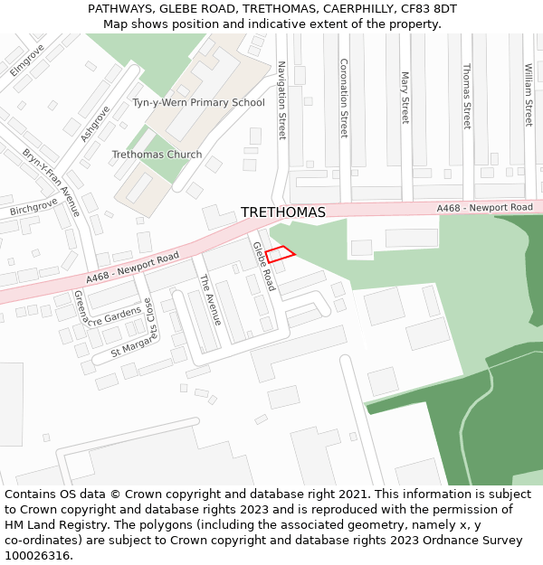 PATHWAYS, GLEBE ROAD, TRETHOMAS, CAERPHILLY, CF83 8DT: Location map and indicative extent of plot