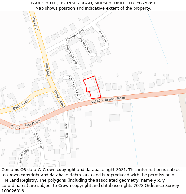 PAUL GARTH, HORNSEA ROAD, SKIPSEA, DRIFFIELD, YO25 8ST: Location map and indicative extent of plot