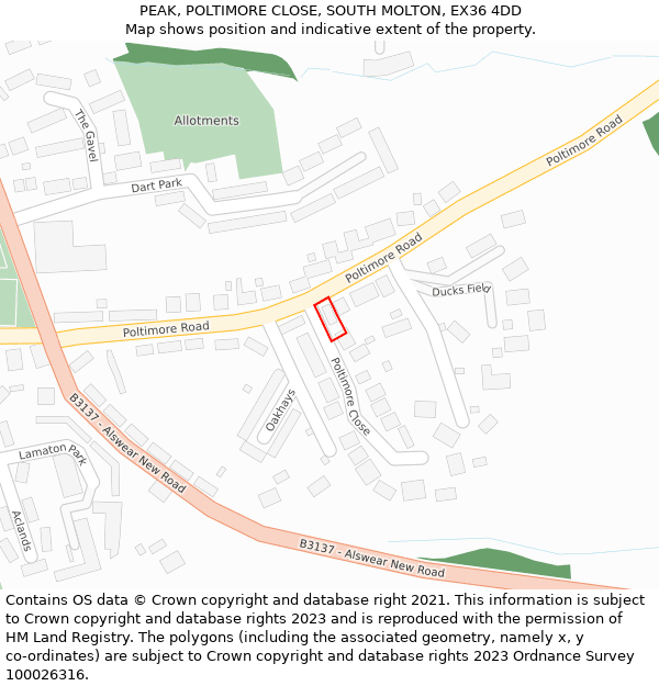 PEAK, POLTIMORE CLOSE, SOUTH MOLTON, EX36 4DD: Location map and indicative extent of plot