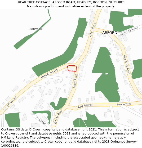PEAR TREE COTTAGE, ARFORD ROAD, HEADLEY, BORDON, GU35 8BT: Location map and indicative extent of plot