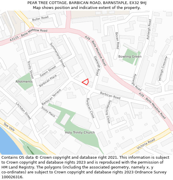 PEAR TREE COTTAGE, BARBICAN ROAD, BARNSTAPLE, EX32 9HJ: Location map and indicative extent of plot