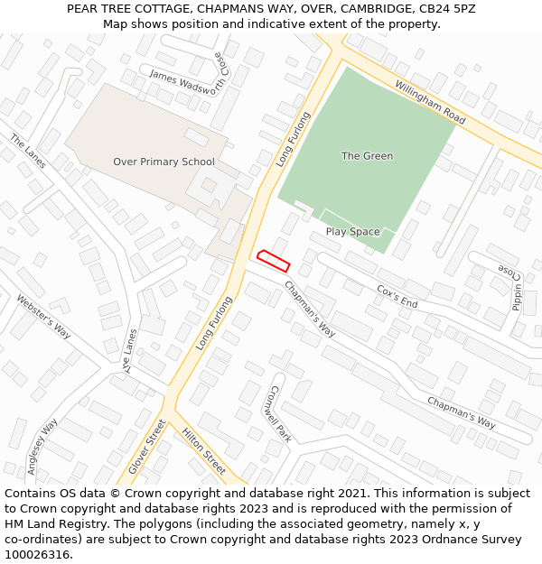 PEAR TREE COTTAGE, CHAPMANS WAY, OVER, CAMBRIDGE, CB24 5PZ: Location map and indicative extent of plot