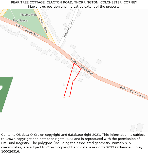 PEAR TREE COTTAGE, CLACTON ROAD, THORRINGTON, COLCHESTER, CO7 8EY: Location map and indicative extent of plot