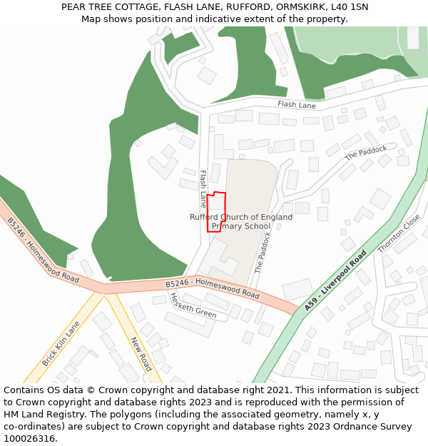 PEAR TREE COTTAGE, FLASH LANE, RUFFORD, ORMSKIRK, L40 1SN: Location map and indicative extent of plot