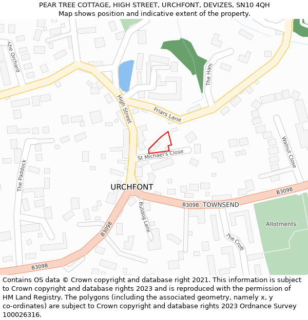 PEAR TREE COTTAGE, HIGH STREET, URCHFONT, DEVIZES, SN10 4QH: Location map and indicative extent of plot