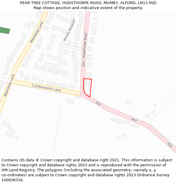 PEAR TREE COTTAGE, HOGSTHORPE ROAD, MUMBY, ALFORD, LN13 9SD: Location map and indicative extent of plot