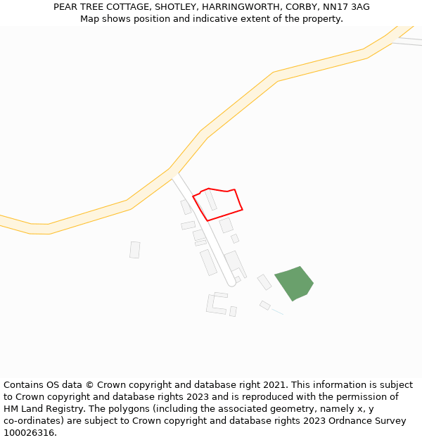 PEAR TREE COTTAGE, SHOTLEY, HARRINGWORTH, CORBY, NN17 3AG: Location map and indicative extent of plot