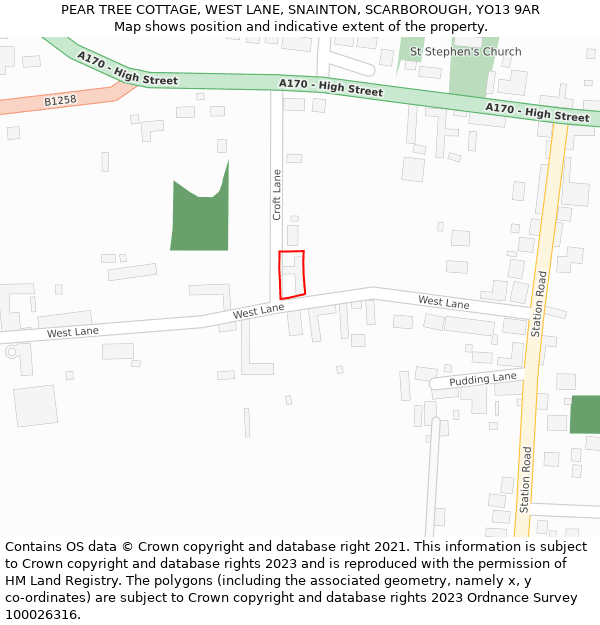 PEAR TREE COTTAGE, WEST LANE, SNAINTON, SCARBOROUGH, YO13 9AR: Location map and indicative extent of plot