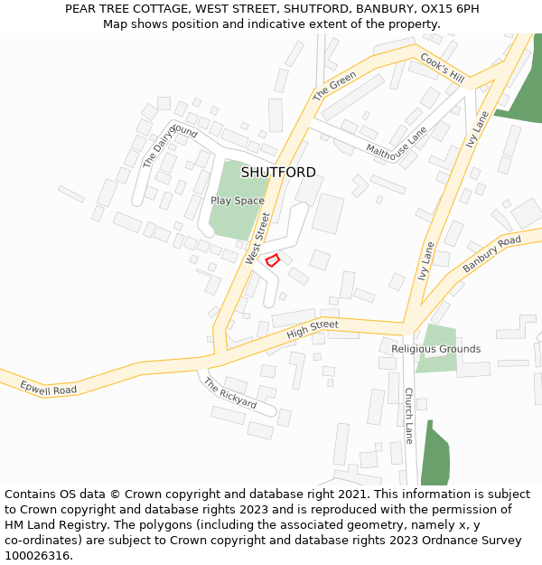 PEAR TREE COTTAGE, WEST STREET, SHUTFORD, BANBURY, OX15 6PH: Location map and indicative extent of plot