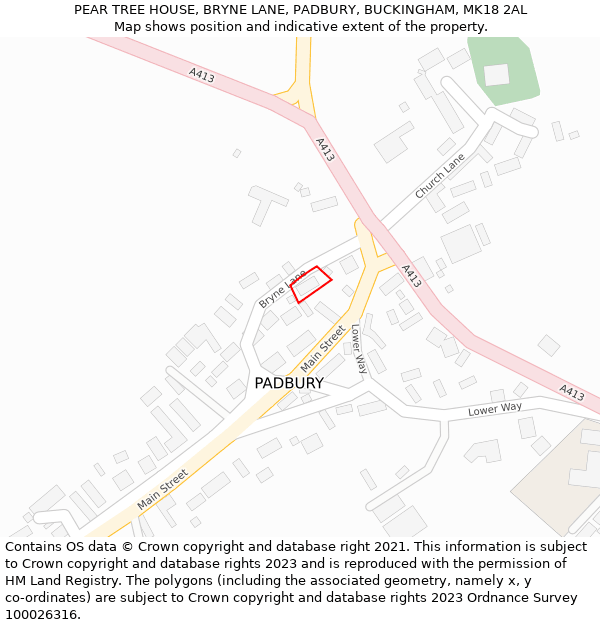 PEAR TREE HOUSE, BRYNE LANE, PADBURY, BUCKINGHAM, MK18 2AL: Location map and indicative extent of plot