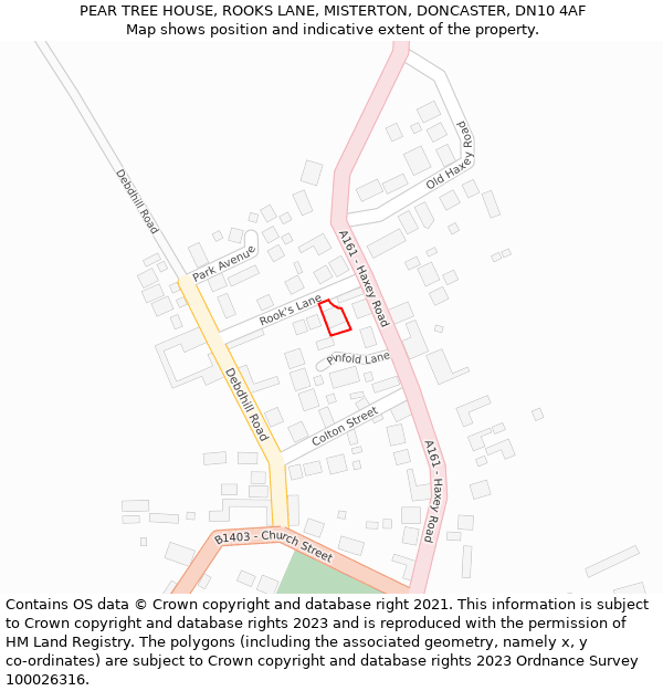 PEAR TREE HOUSE, ROOKS LANE, MISTERTON, DONCASTER, DN10 4AF: Location map and indicative extent of plot