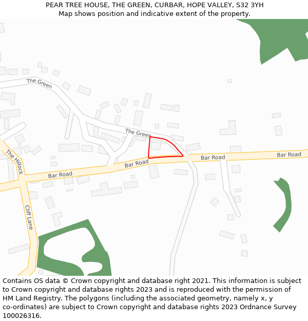 PEAR TREE HOUSE, THE GREEN, CURBAR, HOPE VALLEY, S32 3YH: Location map and indicative extent of plot