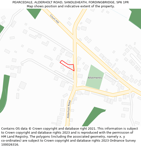 PEARCEDALE, ALDERHOLT ROAD, SANDLEHEATH, FORDINGBRIDGE, SP6 1PR: Location map and indicative extent of plot