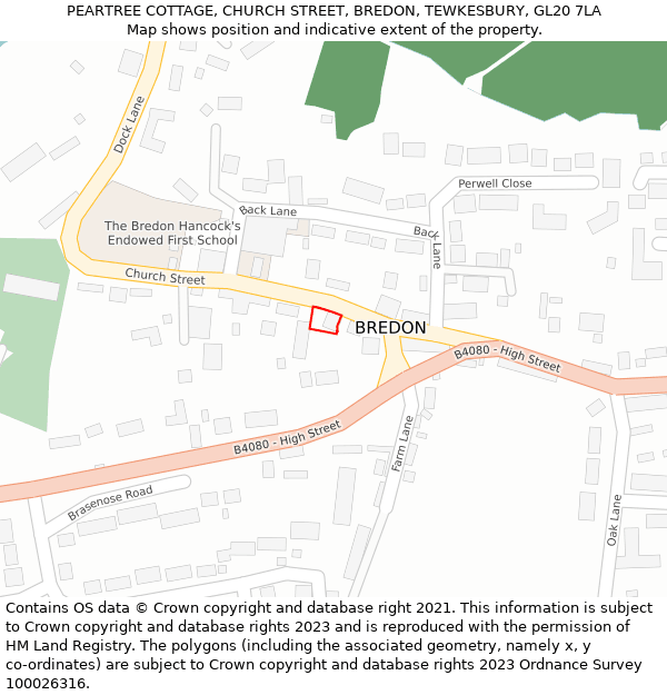 PEARTREE COTTAGE, CHURCH STREET, BREDON, TEWKESBURY, GL20 7LA: Location map and indicative extent of plot