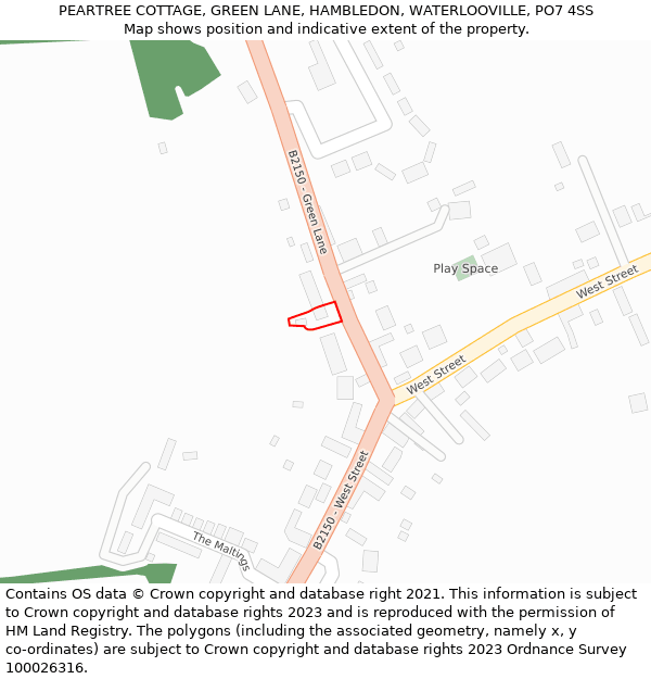 PEARTREE COTTAGE, GREEN LANE, HAMBLEDON, WATERLOOVILLE, PO7 4SS: Location map and indicative extent of plot