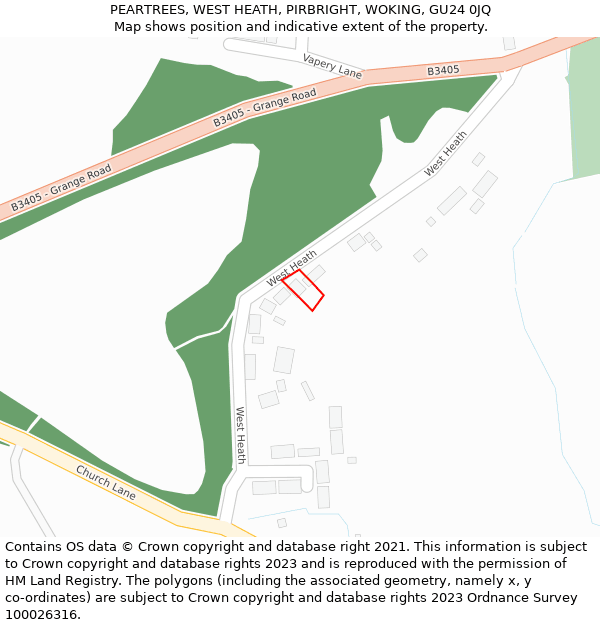 PEARTREES, WEST HEATH, PIRBRIGHT, WOKING, GU24 0JQ: Location map and indicative extent of plot