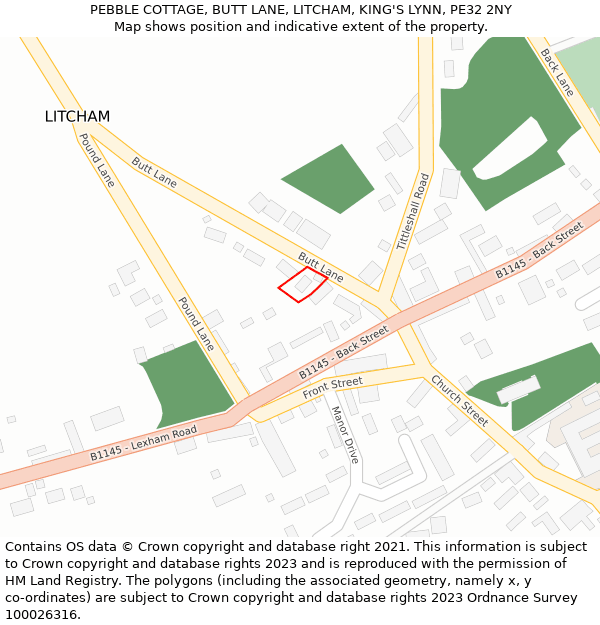 PEBBLE COTTAGE, BUTT LANE, LITCHAM, KING'S LYNN, PE32 2NY: Location map and indicative extent of plot