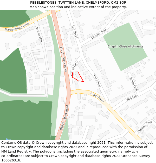 PEBBLESTONES, TWITTEN LANE, CHELMSFORD, CM2 8QR: Location map and indicative extent of plot